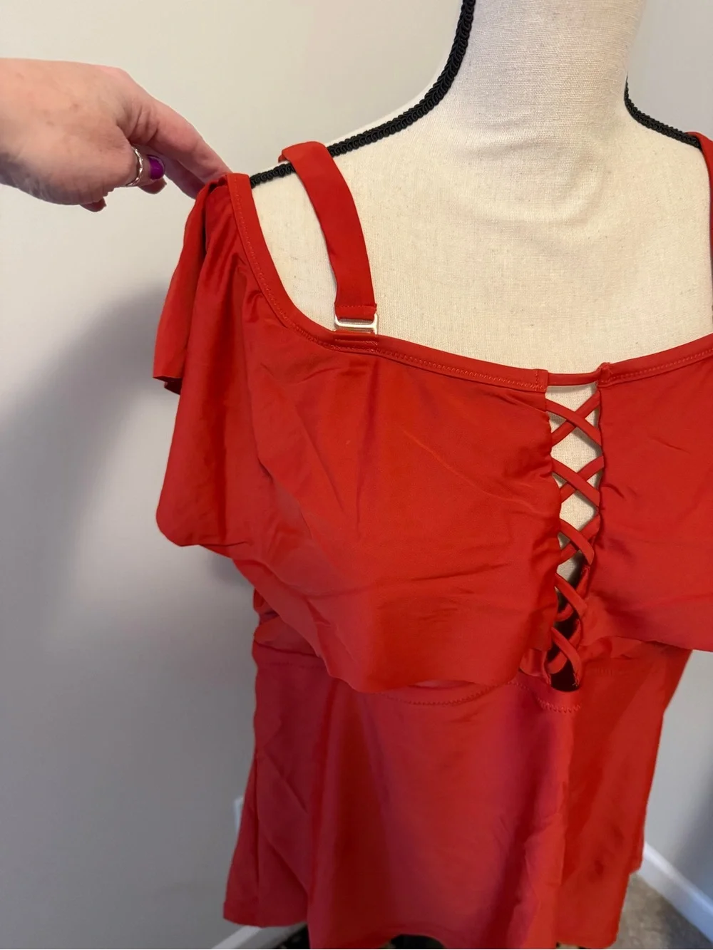 Swim Red Off-Shoulder Ruffle & Lattice Top - Picture 3 of 11